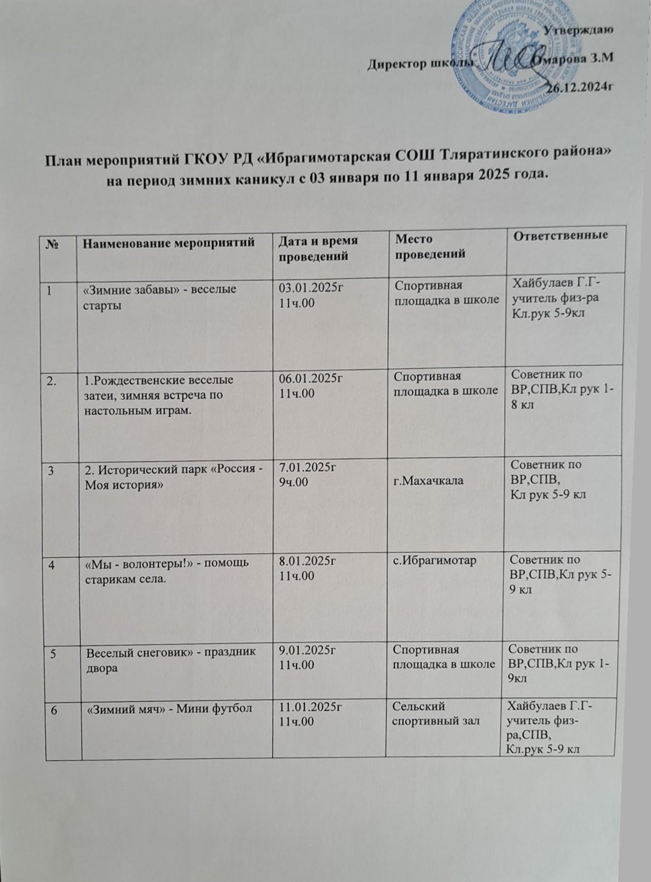 План мероприятий на зимние каникулы.